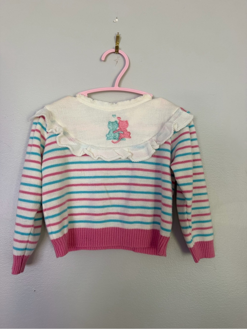 Vintage Striped Pink & Teal Girls Sweater with Ruffle Collar
